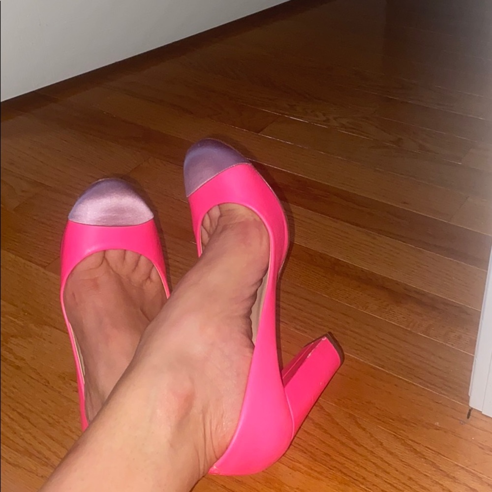 Hot pink pumps with grayish purple toe from J Crew